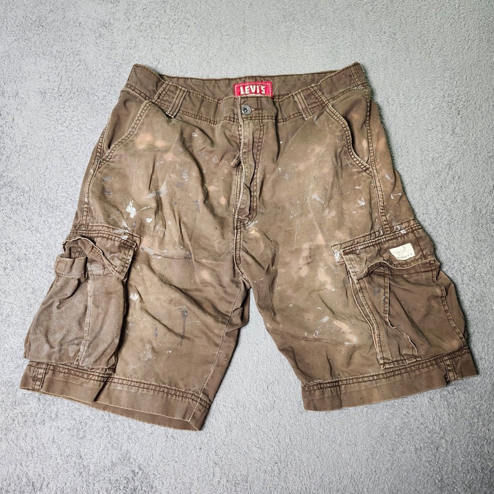 Levis Mens 36 Cargo Shorts Brown Distressed Paint Splatter Cotton Utility